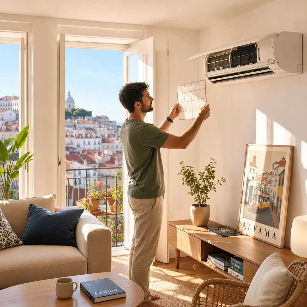 Técnico a limpar filtros de ar condicionado split em Lisboa